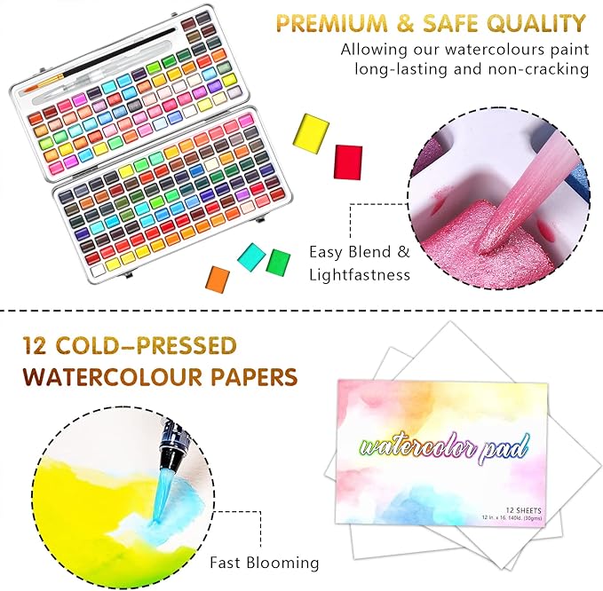 Gunsamg Watercolor Paint Set, 160 Vibrant Colors in Portable Travel Box with Palette, Perfect Watercolor Kit for Artists, Beginners, Adults - Non-Toxic Art Supplies Gift