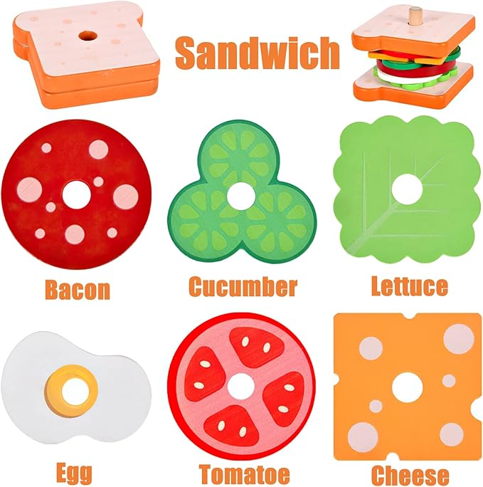 Wooden Sandwich Stacking Toy for Kids, Toddler to Preschool, Develops Fine Motor Skills, Includes Base, 7 Ingredient Pieces, 10 Flash Cards
