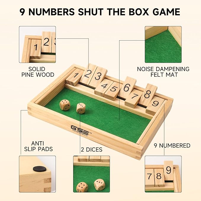 GSE Games & Sports Expert Wooden Shut The Box 9 Numbers Dice Game Board with 2 Wooden Dice, Classic Tabletop Version of The Popular English Pub Game