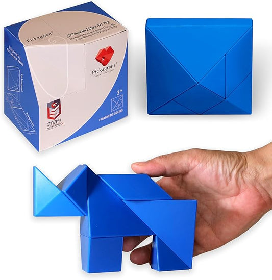 Pickagram Tangram 3D Magnetic Puzzle for Kids (8-12), Adults & Seniors | STEM Certified Fidget Puzzle - Magnetic Pattern Blocks for Cognitive Development, Creativity & Focus - Blue