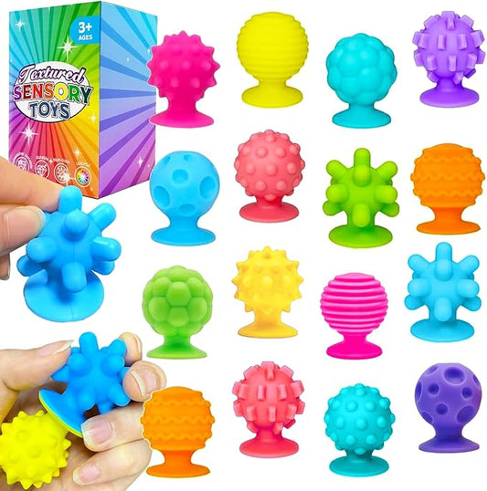 Sensory Fidget Toys Kids Adults, 16Pcs Textured Suction Toys for Autism Kids Calming, Sensory Desk Toys for Anxiety Relief, Fidget Strips for Classroom Office (Style 1)