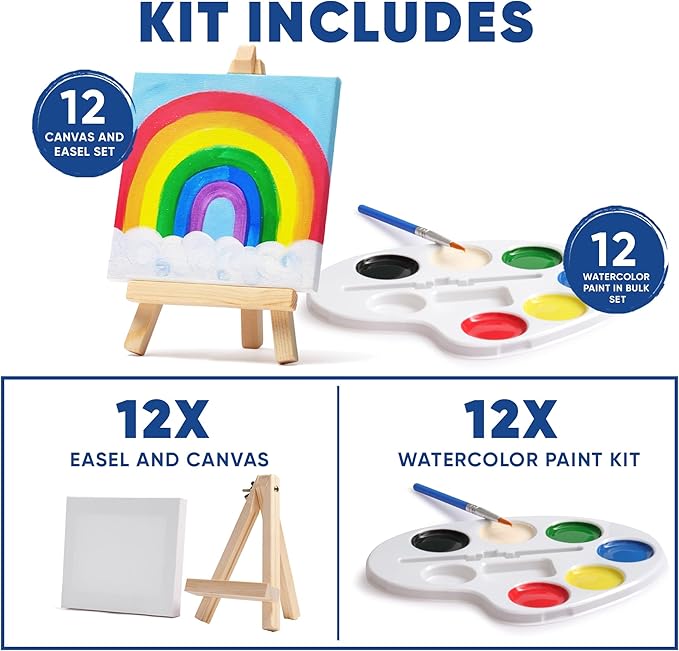 Mini Canvas and Easel Set with Mini Watercolor Paint in Bulk Set of 12 - Kids Art Party Favors & Party Supplies - 4x4" Small Canvases for Painting with Mini Easel - Water Colors Paint for Kids