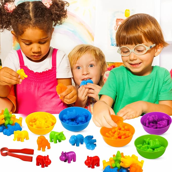 Counting Toys Matching Game for Kids with Sorting Bowls Preschool Learning Educational Activities Toys Color Classification and Sensory Game Set Toddler Montessori Toys for 3 4 5 Years Old-Animals