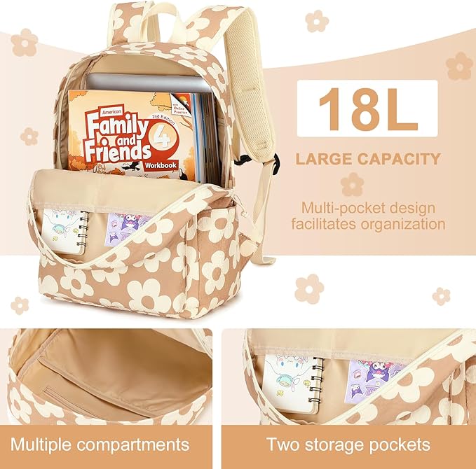 LEDAOU Kids School Backpack with Lunch Box for Boy Girl Toddler BookBag School Bag Preschool Kindergarten Backpack (Flower Brown)