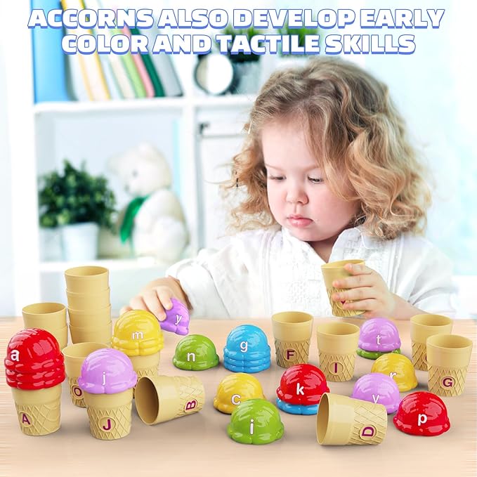 Ice Cream Color Sorting Toys for Toddlers, Montessori Learning Toys with ABC Letter Recognition Flash Cards for Preschool Kids (Alphabet)