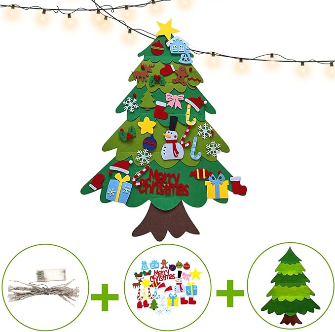 Felt Christmas Tree for Toddlers, Christmas Tree Felt with Lights, Ideal DIY Felt Christmas Tree Set, Decorations Christmas Wall Hanging, Kids Gifts Party Supplies