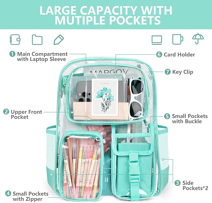 Green Clear Backpack, Heavy Duty PVC Clear Bag for Stadium Events, Transparent Backpack with Reinforced Straps & Stitches for Girls Boys, Large Capacity Bookbag for School, Travel, College, Work