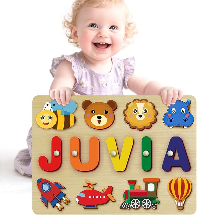 Custom Name Puzzles for Toddlers 1-3 - Name Puzzle for Kids, Personalized Wooden Animal Puzzle, Baby Gifts, Baby Shower, Christmas, Newbaby Gift, Gifts for 1 2 3 Years Old (Animals-03)