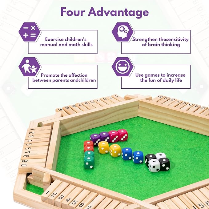 Shut The Box Dice Game - Classic Wooden Tabletop Game for 2-6 Players - Natural Wood Finish Family Board Game for Adults & Kids - Perfect for Parties, Bars, Classroom Math Learning