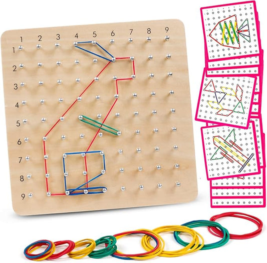 Skrtuan Wooden Geoboard with Pattern Cards & Rubber Bands, Montessori STEM Educational Toy for Kids 5-8 Years Old, Brain Teaser Puzzle Game for Geometry Learning and Creative Shapes
