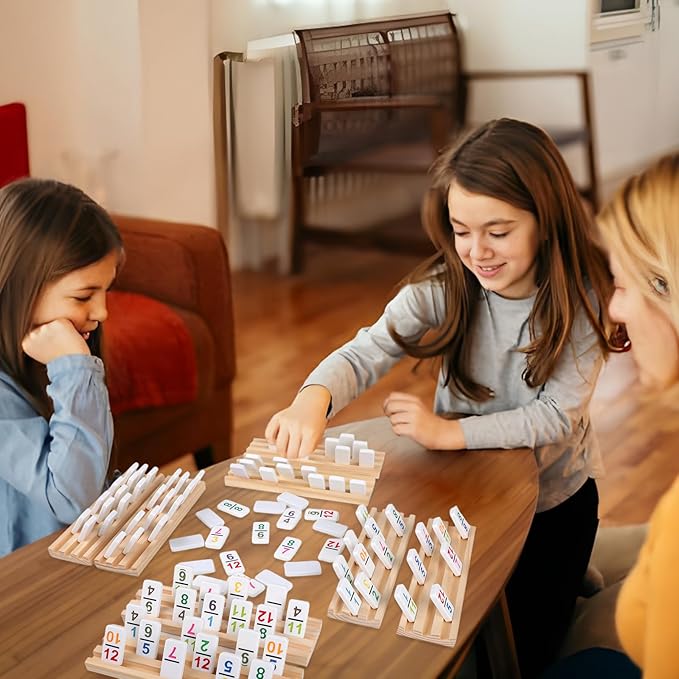 Mexican Train Dominoes Double 15 with 8 Wooden Holders | 136 Colorful Number Dominos Tiles for Adults, Travel Board Game for Family Nights, Cognitive Strategy Games for 2-8 Players