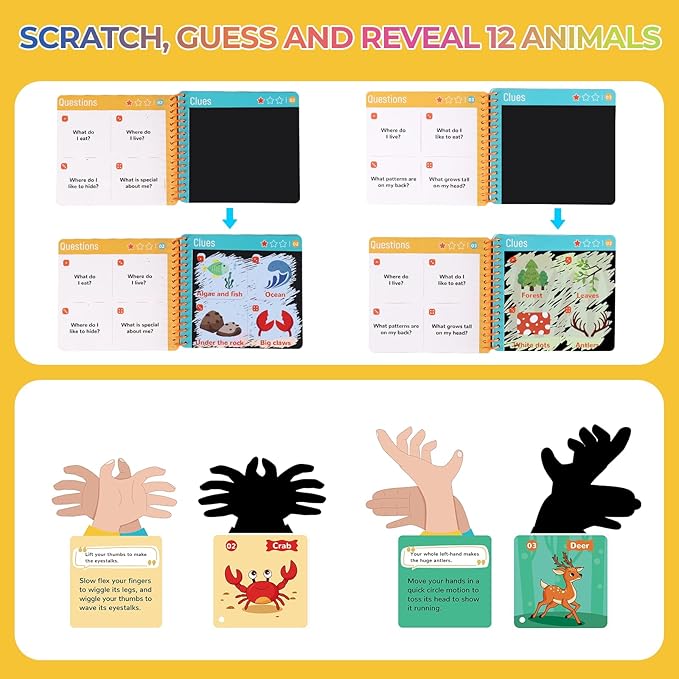 Glow-in-The-Dark Scratch & Guess Animal Cards, with 2 Pack Rainbow Scratch Notebooks, Mess Free Toddler Craft, Crafts for Kids Ages 4-8, Travel Party Gifts for 4 5 6 7 8 9 Year Old Girls Boys