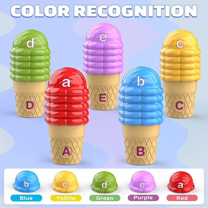 Ice Cream Color Sorting Toys for Toddlers, Montessori Learning Toys with ABC Letter Recognition Flash Cards for Preschool Kids (Alphabet)