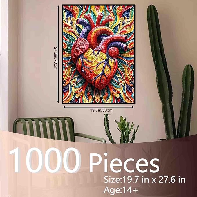 Graffitic Human Heart 1000 Piece Jigsaw Puzzles for Adult Heart Anatomy Painting Jigsaw Puzzle Body Organ 1000 Pieces Puzzles Game Wall Decor Mental Health DIY Craft Puzzle Art Biology Gift(Colorful)