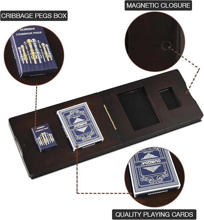 15.5'' Cribbage Board Game Set with Magnetic Lock, Folding Wooden Continuous 3 Track Scoreboard with Large Slots for Storing 1 Playing Cards and 9 Metal Pegs, Travel Game for Family Kid Adult