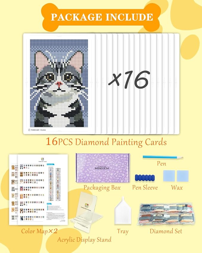 forever young Minigem Small Diamond Art Kits for Beginners, 16 Pcs Resin Square Drill Diamond Painting Kits for Adults, 2-Hour Postcard-Style Mini Diamond Art Kits 5x7 Inch – 2 Sets: Cats & Dogs