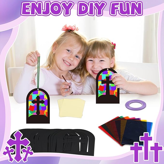 QOUBAI 32 Sets Cross Suncatchers Crafts DIY Window Stained Glass Effect Christian Religious VBS Paper Craft Home Sunday School Classroom Decoration Kid Birthday Gift Creative Art Project Activity Game