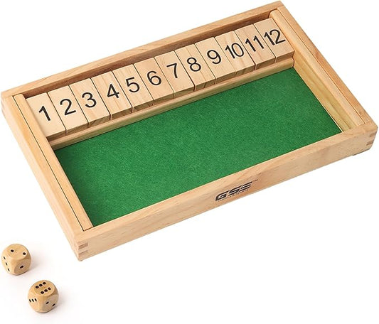 GSE Games & Sports Expert Wooden Shut The Box 12 Numbers Dice Game Board with 2 Wooden Dice, Classic Tabletop Version of The Popular English Pub Game