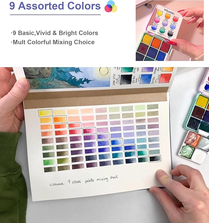 Woomer Pocket Watercolor Paint Set, 9 Vivid Colors Travel Watercolor Paint with 2 Foldable Palettes, Wash Cup, Perfect Water Color Set for Kids Beginner Students Adult Gift