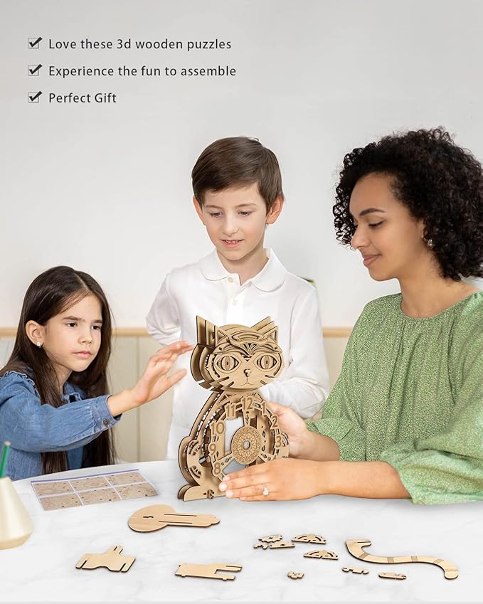 3D Puzzles for Adults Model kit Cat Clock Kids Wooden Desk Clock Decor for Birthday Gift/Christmas Day