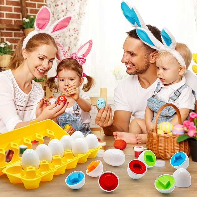 MOONTOY Matching Eggs for Toddlers, 12PCS Preschool Educational Learning Color & Shape Recognition STEM Toy– Montessori Geometric Eggs – Sorting Fine Motor Skills, Easter Gifts Basket Stuffers