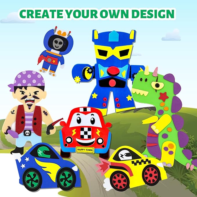 VKPI 4 Pieces EVA Foam Art Crafts Gift Kit, Creative Make Your Own Racing Cars, Cartoon Paper Craft Projects for Kids Ages 4+ Toddler, Preschool Learning Toy for Birthday Party Favor Supplies