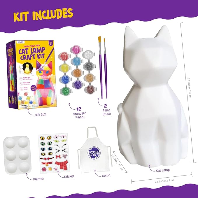 Paint Your Own Cat Lamp Kit, Arts and Crafts for Kids Ages 8-12, Art Supplies Painting kit for Kids 6-12, Cat Night Light Toys Girls Boy Birthday Christmas Gifts for Kid Ages 3 4 5 6 7 8 9 10 11 12+