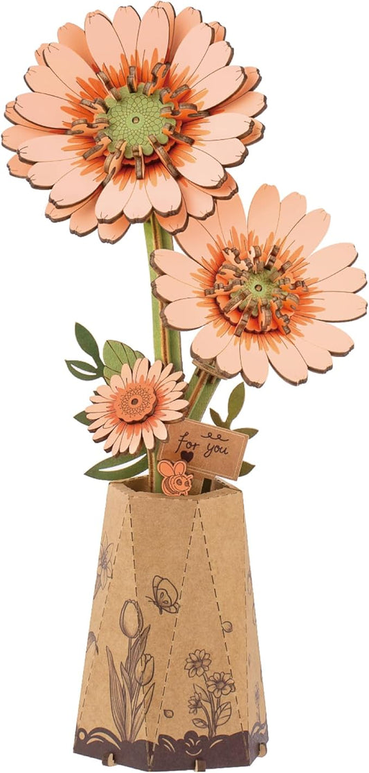 rowood 3D Puzzles for Adults,DIY Wooden Flower Building Craft Kits for Women,Christmas/Birthday Gift- Orange Gerbera Daisy