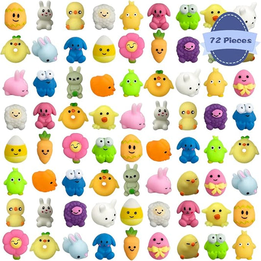 72 PCS Easter Mochi Squishy Toys Stress Relief Squishies for Kids Boys Girls Toddlers Easter Basket Stuffers Egg Fillers Gifts Party Favors