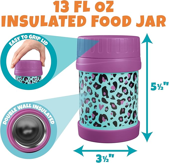 Bentology Kids Lunch Bag Set w Matching Reusable Food Jar & Hard Ice Pack- Cheetah- Insulated Tote, Stainless Steel thermos & Freezer Pack to Keeps Food Fresh for Hours- Back to School Lunch Box Kits