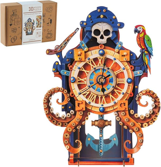3D Wooden Puzzles for Adults, Octopus Sea Monster Clock DIY Set, Beginner 38 Pcs Wooden Puzzles, Creative Gift Ideas for Adults Teens, Home Decor