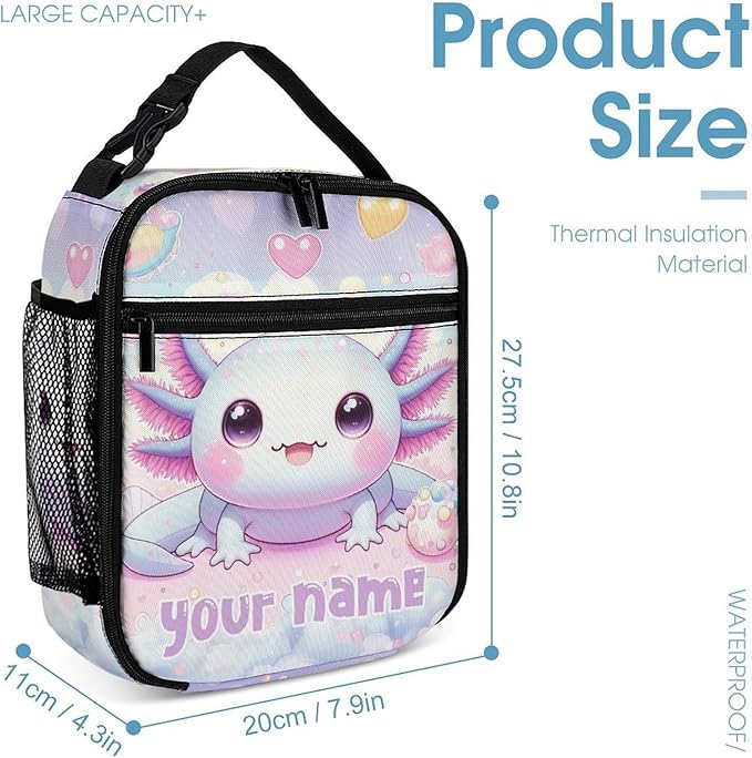 Custom Axolotl Lunch Box - Cute Reusable Axolotl Lunch Bag for Women Men Kids - Small Portable Foldable Insulated Lunchbox for School Work Picnic