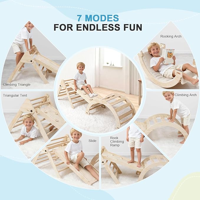Pikler Triangle Set for Toddlers, 7-in-1 Foldable Montessori Climbing Gym with Safety Strap on Slide, Indoor Wooden Arch, Ramp, Ladder for Active Play - Natural
