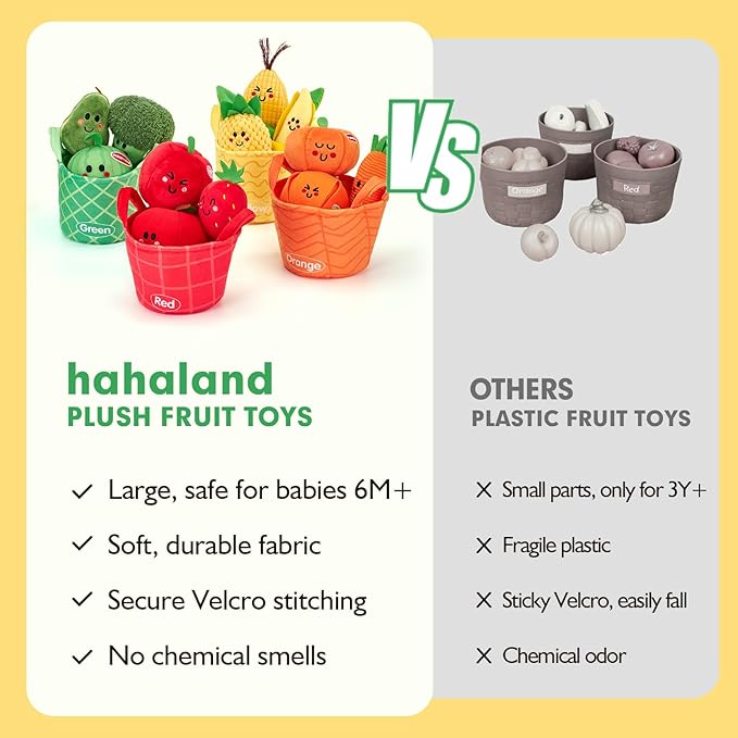 hahaland Baby Sensory Toys - 16 PCS My First Fruit Vegetable Color Sorting Play Food with Crinkle, Rattle, Baby Toys 6-12 Months Montessori Toys for 1 Year Old Boy Girl Gifts Toddler Stocking Stuffers