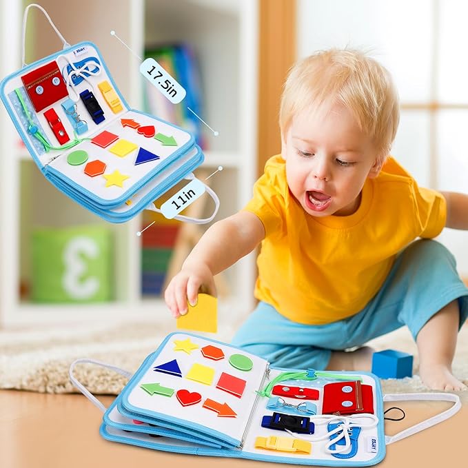 Esjay Toddler Busy Board Montessori Toys for Boys Girls, Sensory Board Educational Activities for Learning Fine Motor Skills, Birthday Gifts for Toddlers, Travel Toys for Airplane Car, White Dinosaur