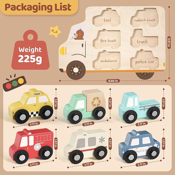 Wooden Toddler Puzzles,Montessori Vehicle Puzzles for Toddlers,Montessori Toys for 1 2 3 Years Old Boys Girls Educational Toys with 6 Emergency and City Vehicles,Wooden Toy Cars for Toddler 1-3