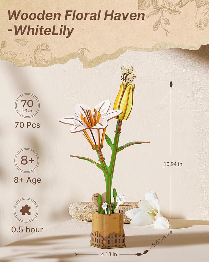 3D White Lily Wooden Puzzles for Adults,DIY Wooden Flower Craft,Wooden Flowers Model Kit Building Set Craft for Adults to Build.(6.42 * 4.13 * 10.94in 70PCS)