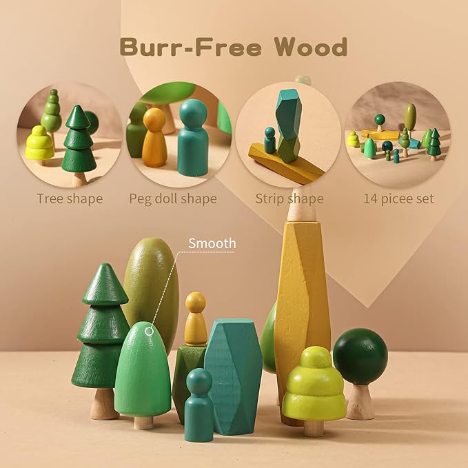 Wooden Tree Toy with Stacking Blocks for Toddlers Wood Peg Dolls and Balancing Stones for Home Decrocation Wooden Montessori Toys for Boys Girls Mini Trees Ornaments for Home Decor Accessories