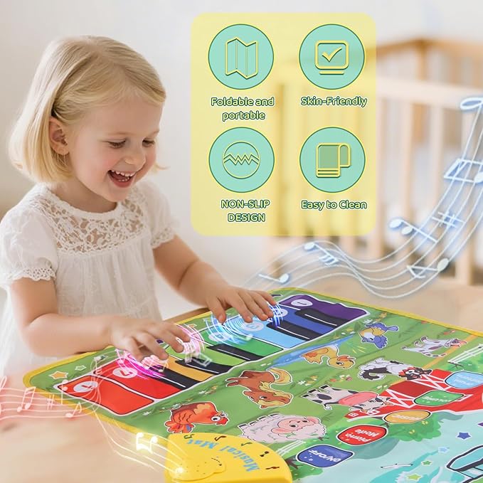 3-in-1 Musical Mats,Kids Floor Piano Drum Animal Music PlayMat,Montessori Sensory Early Educational Learning Toys for Baby,Girls Boys Infant Music,Birthday Christmax Toddlers Gifts 1 2 3 4 5 Years Old