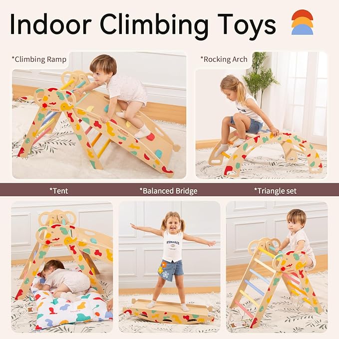 wingyz Pikler Triangle Climbing Set with Cushion,Wooden 8 in 1 Jungle Gyms for Toddlers 1-3, Indoor Playground for Kids,Baby Montessori Climber Gift(Rainbow)