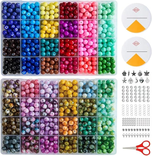 1300 Pcs Round Glass Beads for Jewelry Making – 8mm Beads in 48 Colors, 2 Box Set of Bulk Glass Beads for Bracelets, Crafts & DIY Gifts