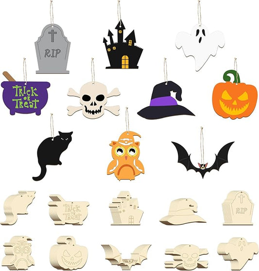 80PCS Halloween Unfinished Wooden Cutouts to Paint Halloween Decorations Hanging Ornaments Ghost Witch Pumpkin Spider Blank Shape Craft Tags