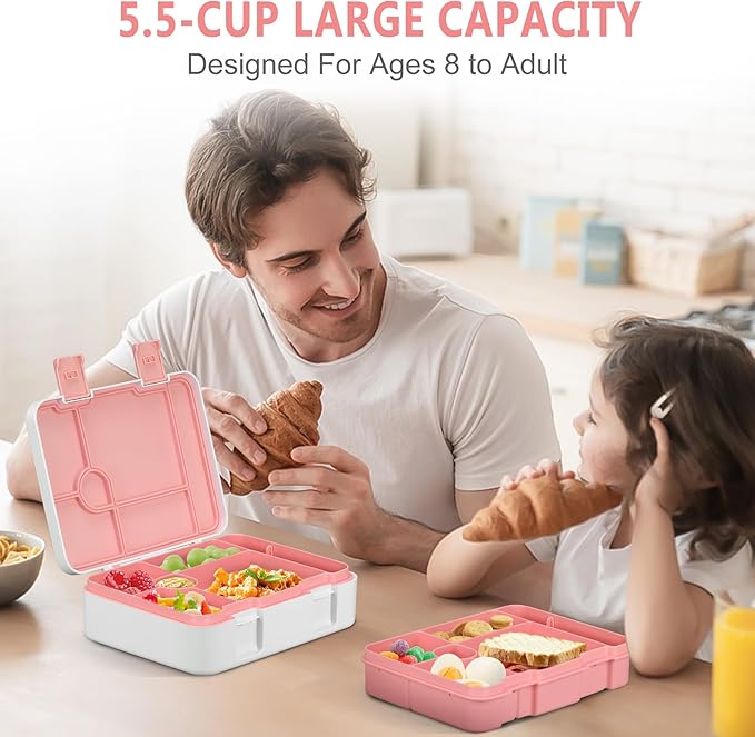 Kids Bento Lunch Box with Ice Pack, 5 Compartments Leak-Proof Bento Box with Utensils, 5.5-Cup Capacity for Adults & Ages 8+, BPA Free, Microwave & Dishwasher Safe, Pink