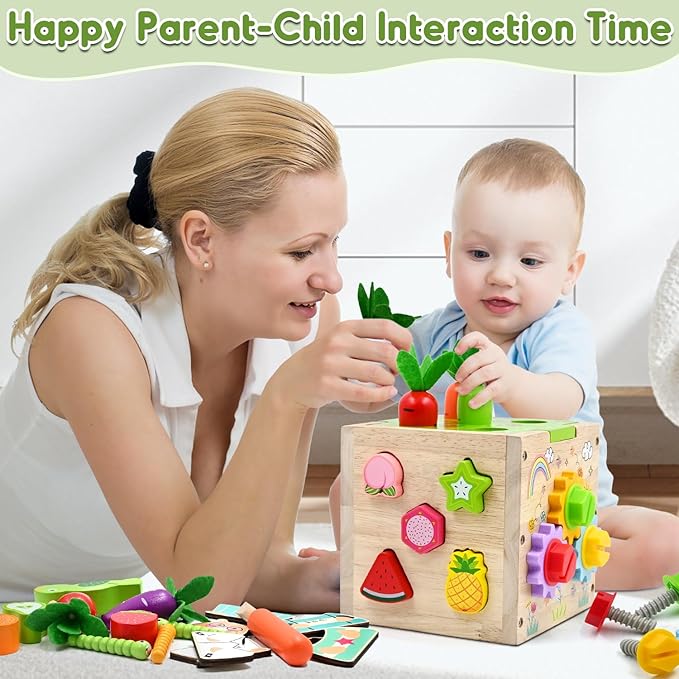 Baby Wooden Activity Cube Montessori Toys for 1 2 3 4 Year Old Boys Girls Birthday Gifts, 5 in 1 Early Educational Learning Toys for Toddlers Kids 12 18 24 Month Fine Motor Skill Games