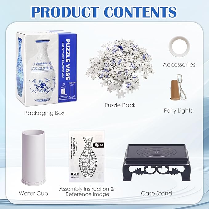 3D Puzzle Vase with LED Light - 160 Pieces DIY Flower Vase Kit for Adults, Decorative Crafts for Flower Arrangement and Home Decoration (Light Blue)