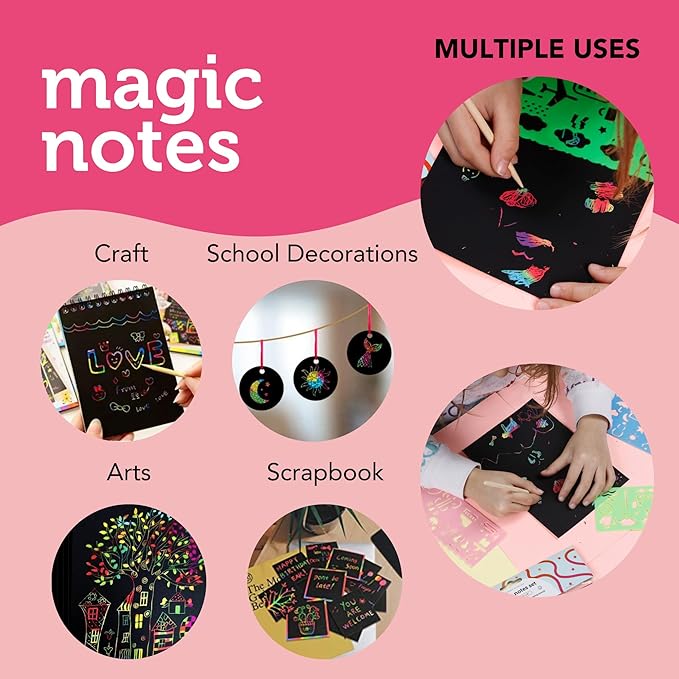 Incraftables Rainbow Scratch Paper Set. Magic Notes Kit with 30pcs Black Scratch Art Paper, 5pcs Wooden Stylus & 4pcs Drawing Stencils. Best Rainbow Notebooks for Kids Drawing & Craft