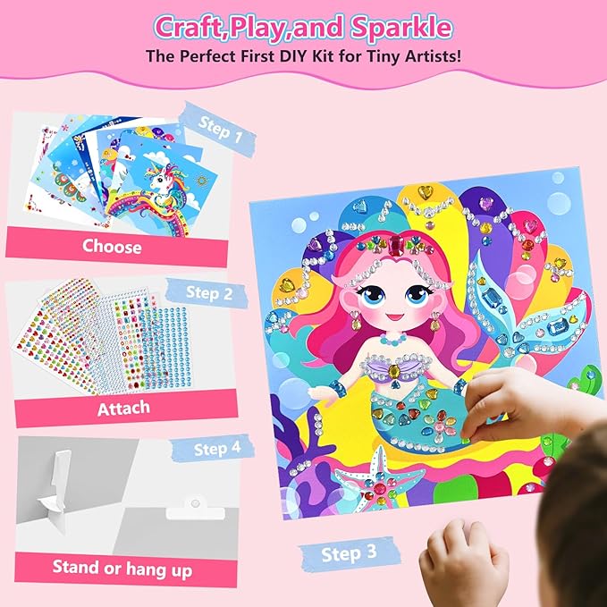 Marlrin Gem Sticker Kit for Kids, 8 Unicorn Princess Themes, Crafts Kits for Girls Ages 4-8, Arts & Crafts Toys, Diamond Art Kits for Kids - Birthday and Christmas Gift for Girls Ages 3, 4, 5, 6, 7, 8