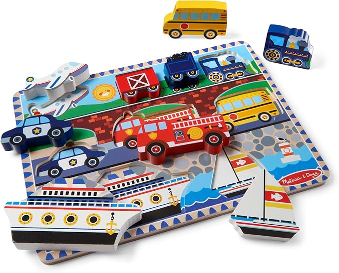 Melissa & Doug Vehicles Wooden Chunky Puzzle - Plane, Train, Cars, and Boats (9 pcs) - FSC Certified