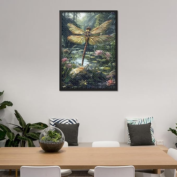 1000 Piece Jigsaw Puzzle for Adults - Serene Pond Scene with Dragonfly & Water Lilies, Premium 27.5x19.7 in Puzzle Board, Nature Art 1000-Piece Puzzle for Adults