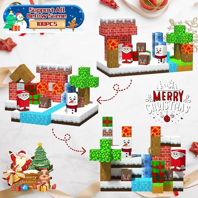 100PCS Christmas Magnetic Blocks Toys, Winter Frozen Magnet Blocks Cubes for Kids Toddlers, STEM Construction Building Toy for Boys Girls Christmas Birthday Gifts